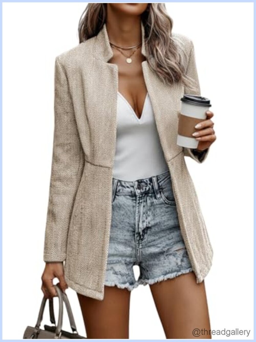 Herringbone Tweed Blazer Mid-Length Stand Collar Business Casual
